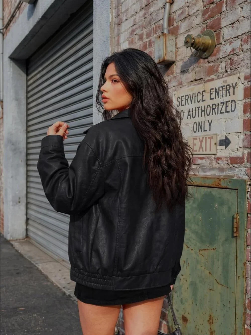Women's Black Oversized Faux Leather Loose Weight Fall Winter Outerwear Jacket